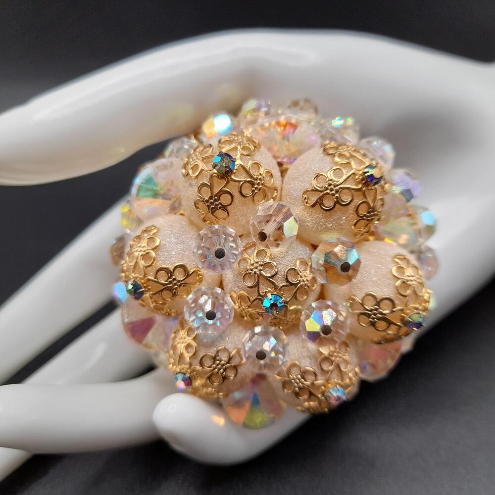 Vintage Aurora Borealis Crystal Bead Brooch, Frosted Globes, Filigree, 1960s